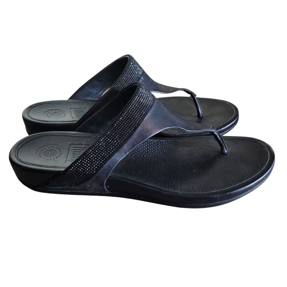 Fitflop Banda Micro Crystal Toe Post Thong Sandals Women's Size 9 Black Leather